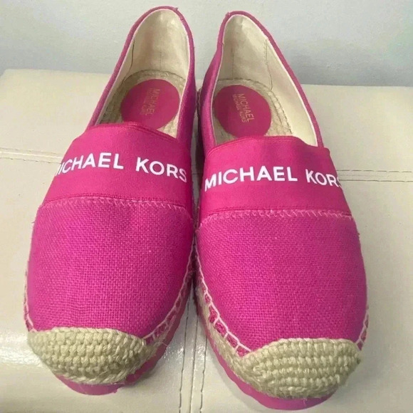 Michael Kors Vicky Espadrille Platform Flat Shoes Canvas MK Logo Denim Size 6M - Picture 3 of 10